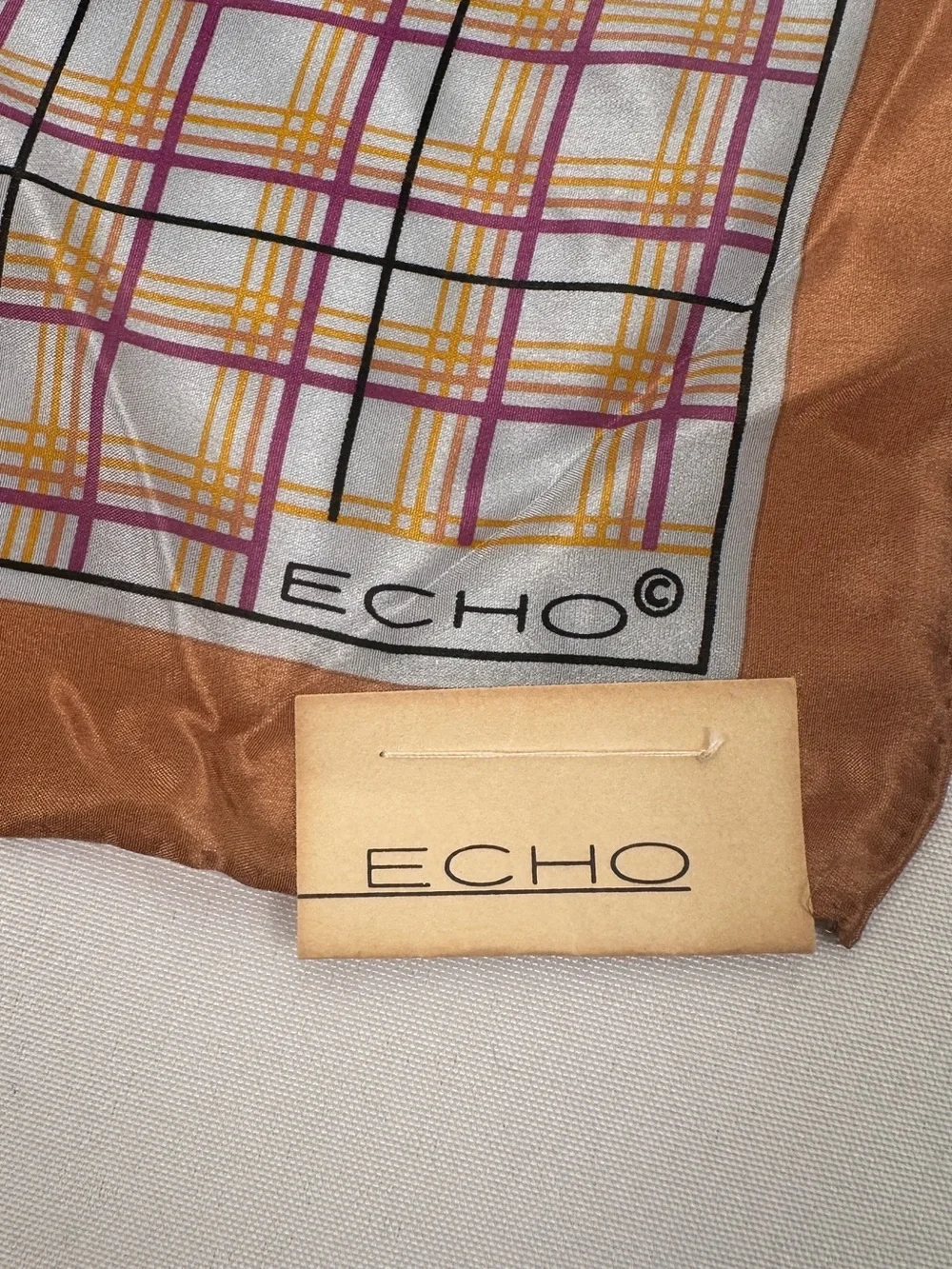 Echo NWT Vintage Plaid 100% Silk Scarf Japan Copper, Gray, Navy, Purple